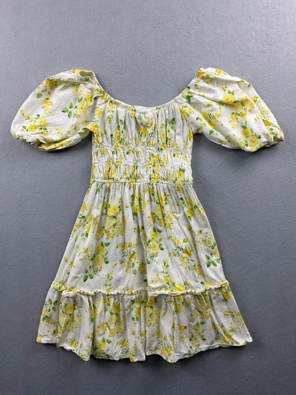 Children's Place Yellow Floral Smocked Bodice Puff Sleeve Dress Size 7/8